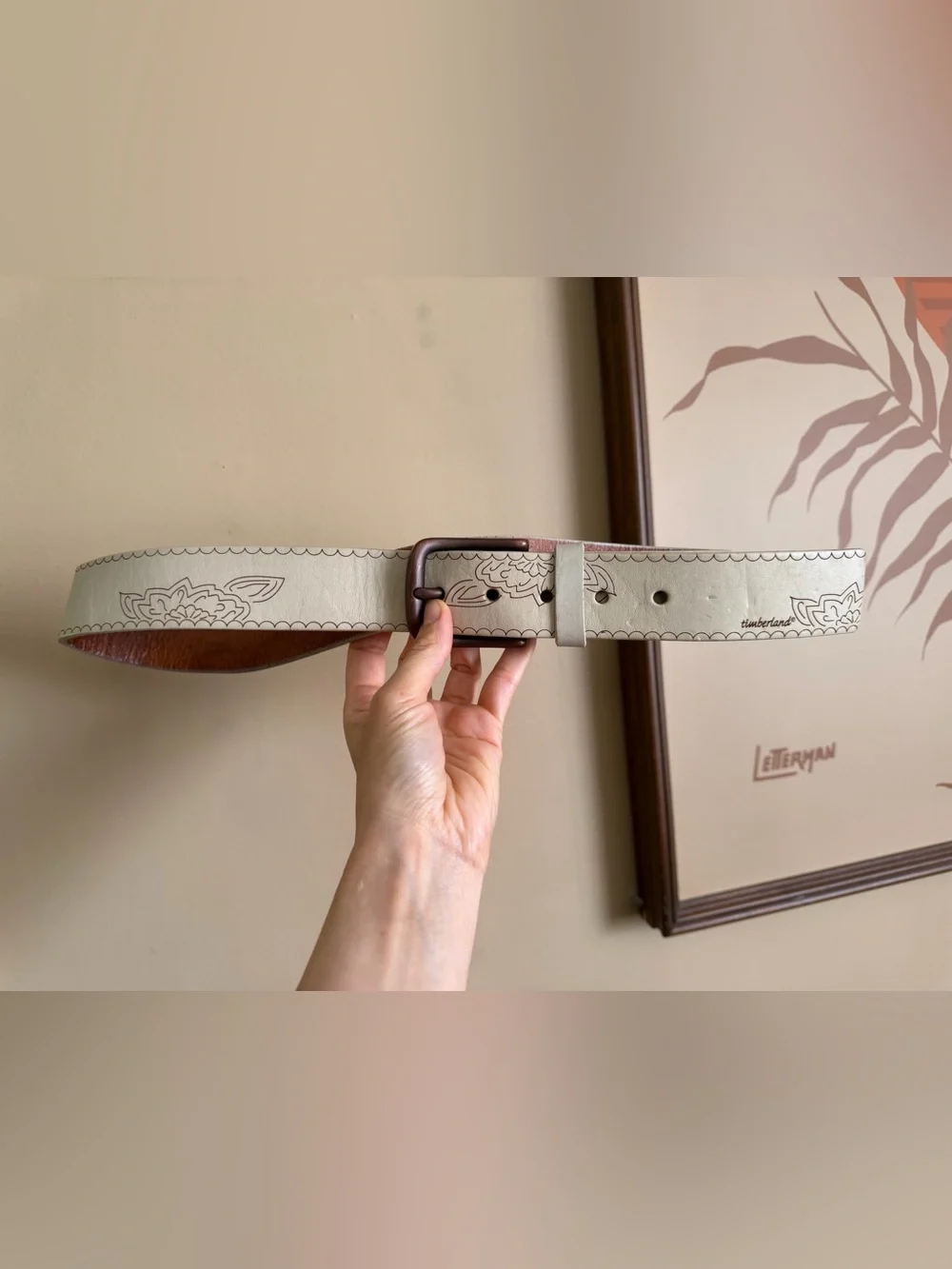 Timberland Vintage White Floral Etched Leather Belt - Size M 105